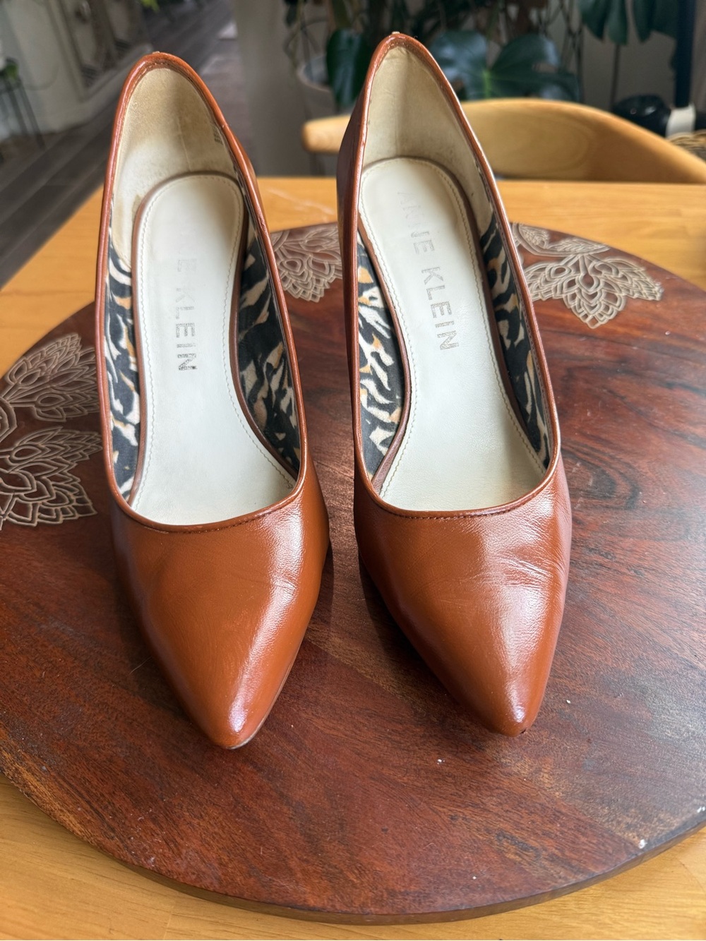 Anne Klein Cognac Leather Pointed-Toe Pumps with Leopard Liner